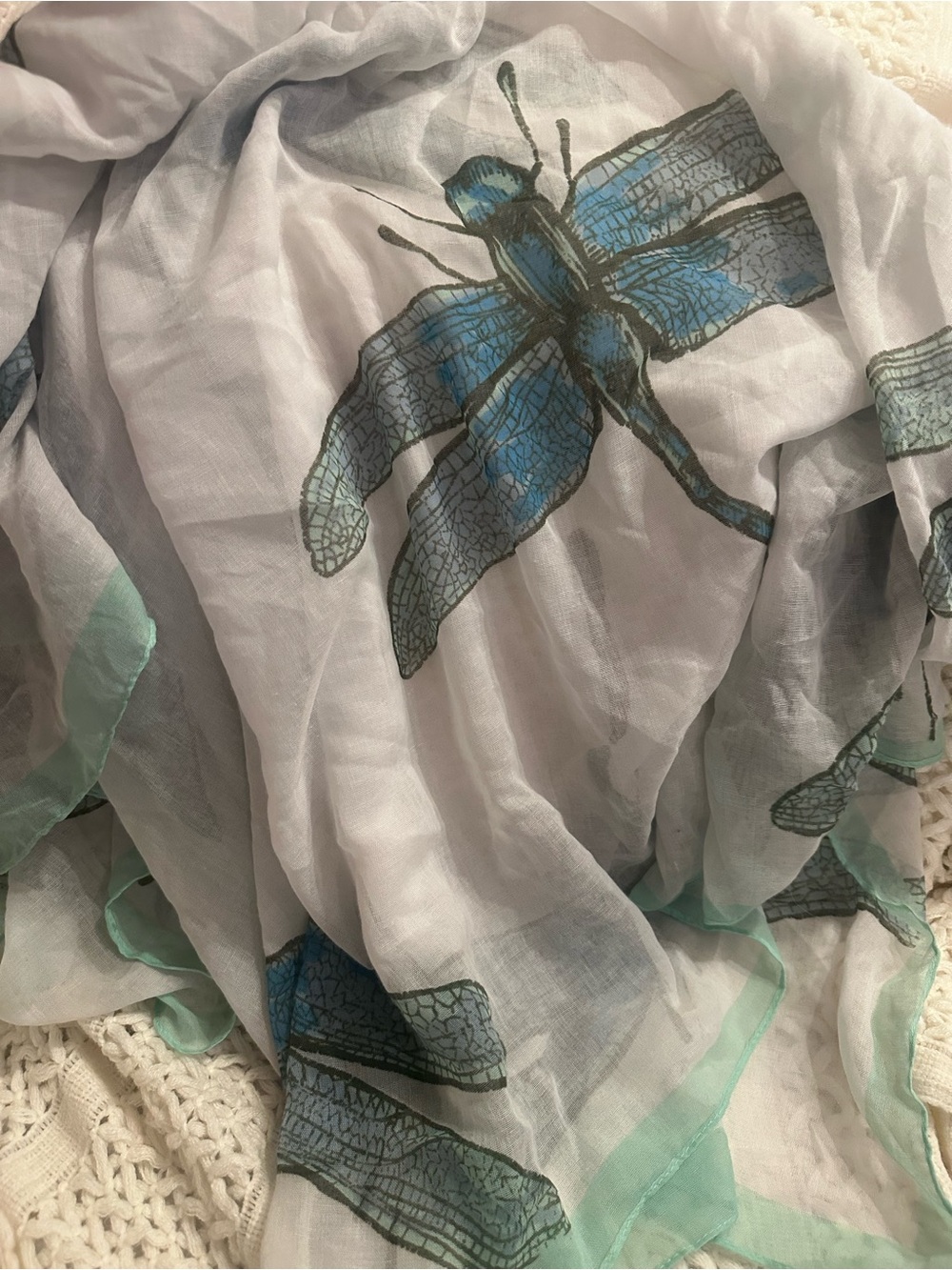 Sheer White Scarf with Blue Dragonfly Motif and Mint Trim